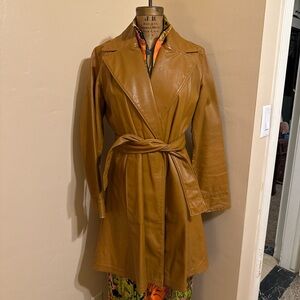 OSHWAHKON Women's Tan Leather Trench Coat L